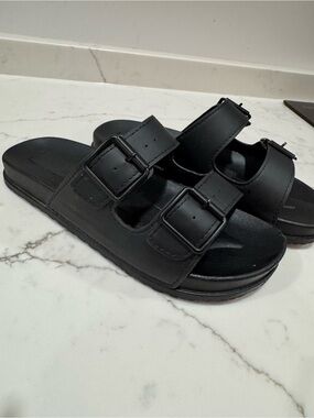 Earthing Women's Adjustable Double-Buckle Black Slide Sandals
